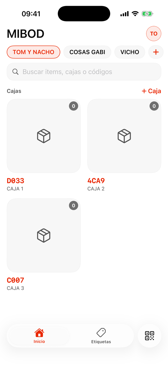 App MIBOD mostrando storages y cajas con códigos QR